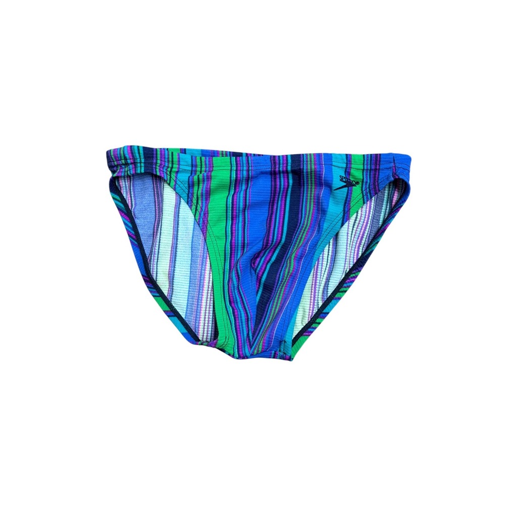 Vintage Speedo Mens Swim Briefs Blue Green Striped Training Trunks Size 32 USA